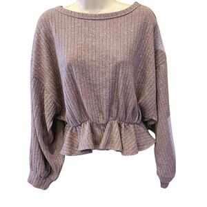 Hailey & Co purple sequin sparkle cropped gathered waist slub sweater comfort L